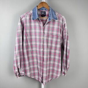 Vintage Quizz New York Shirt Top Womens Size‎ 20 Pink Plaid Denim Collar